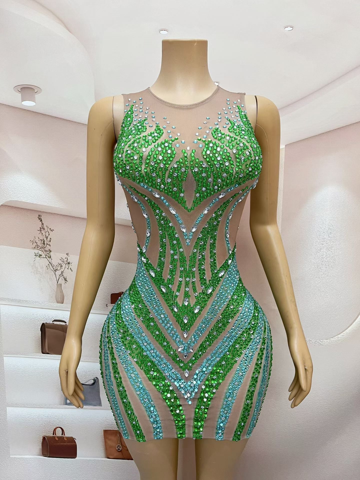 CELESINYI Lvhupan Crystal Emerald Mini Dress