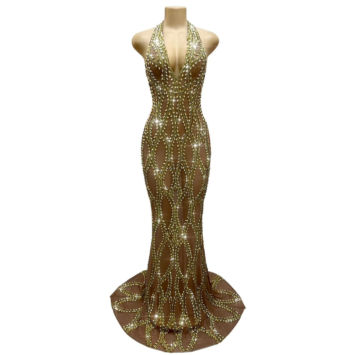 CELESINYI Tengliuzhi Crystal Leaf Halter Gown (Gold)
