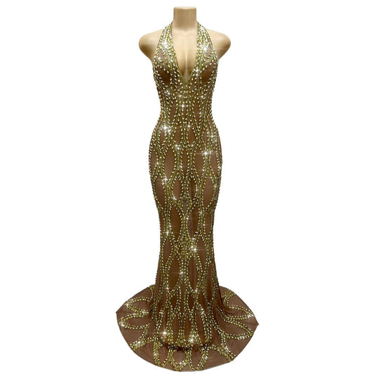CELESINYI Tengliuzhi Crystal Gold Mermaid Gown