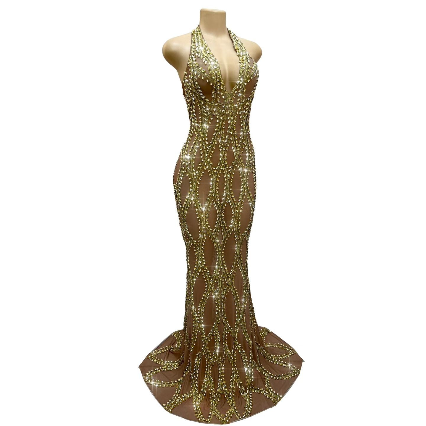 CELESINYI Tengliuzhi Crystal Leaf Halter Gown (Gold)