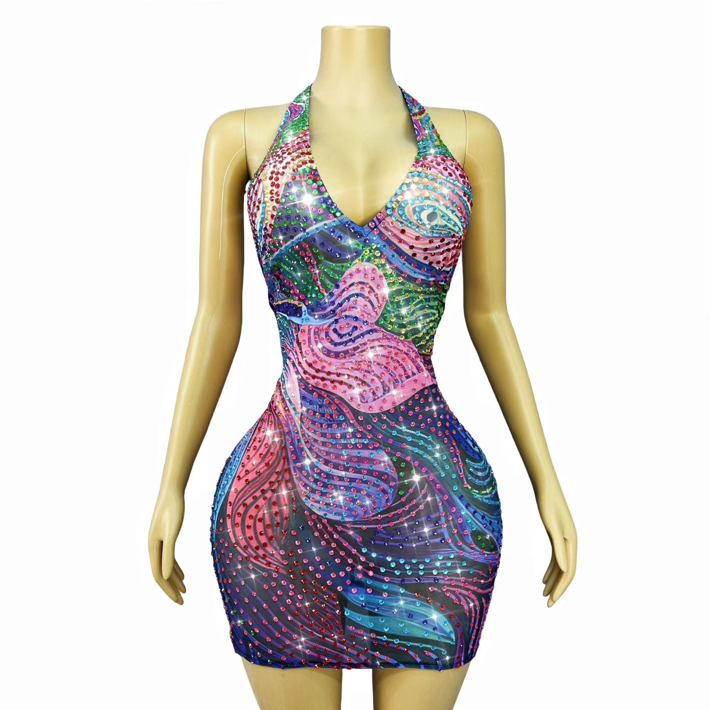 CELESINYI Caihongjinduan Crystal Rainbow Print Mini Dress