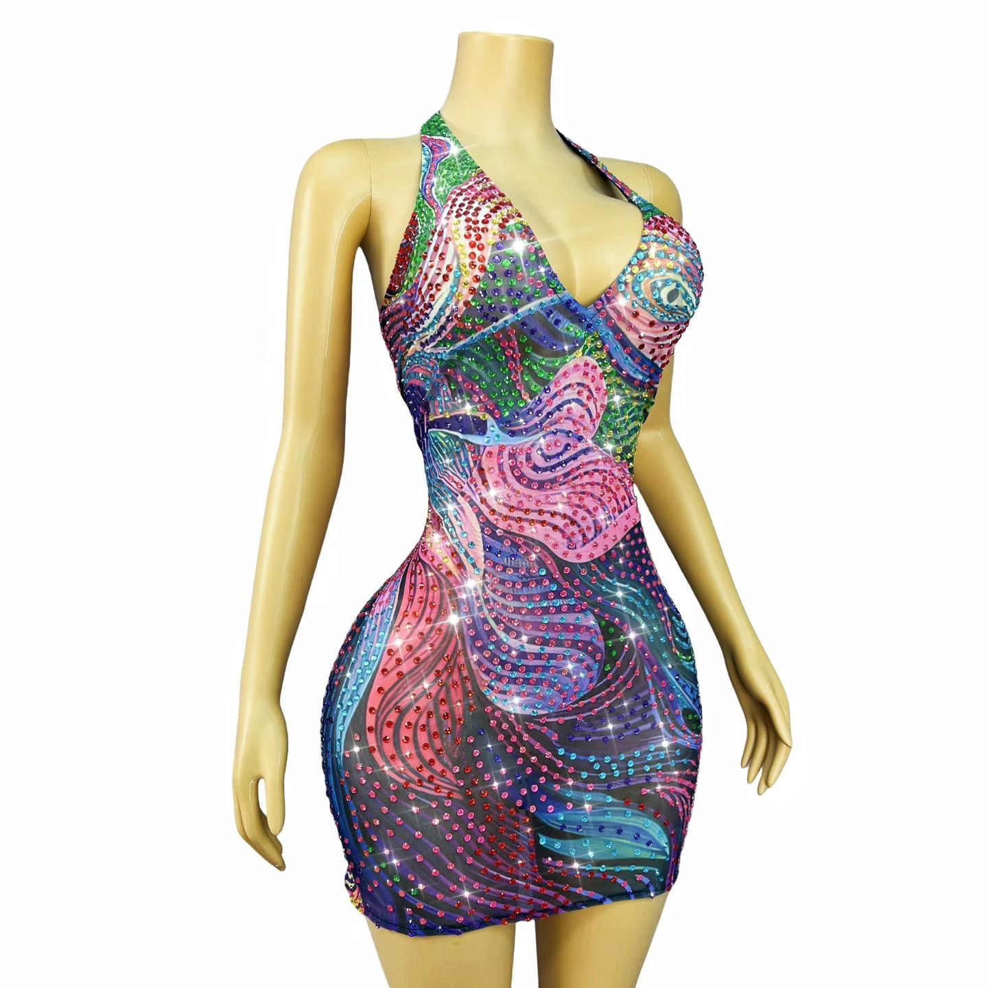 CELESINYI Caihongjinduan Crystal Rainbow Print Mini Dress