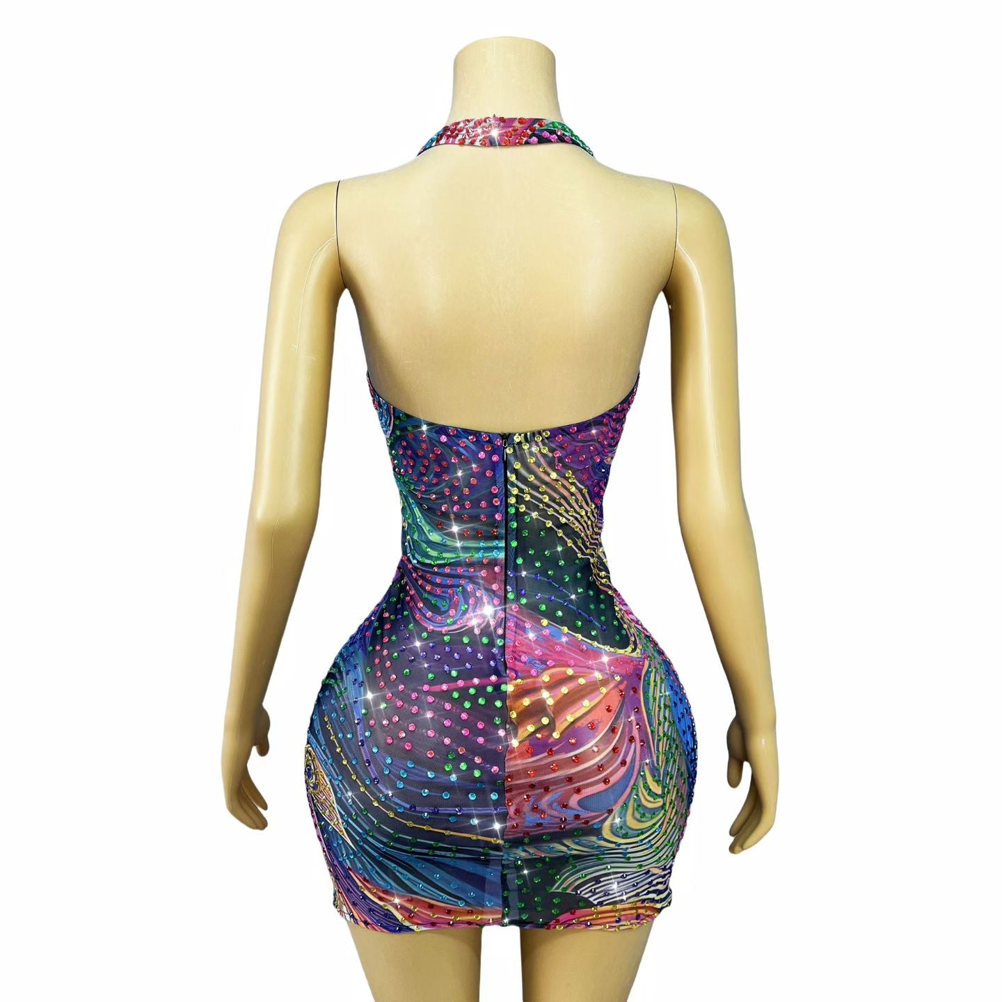CELESINYI Caihongjinduan Crystal Rainbow Print Mini Dress
