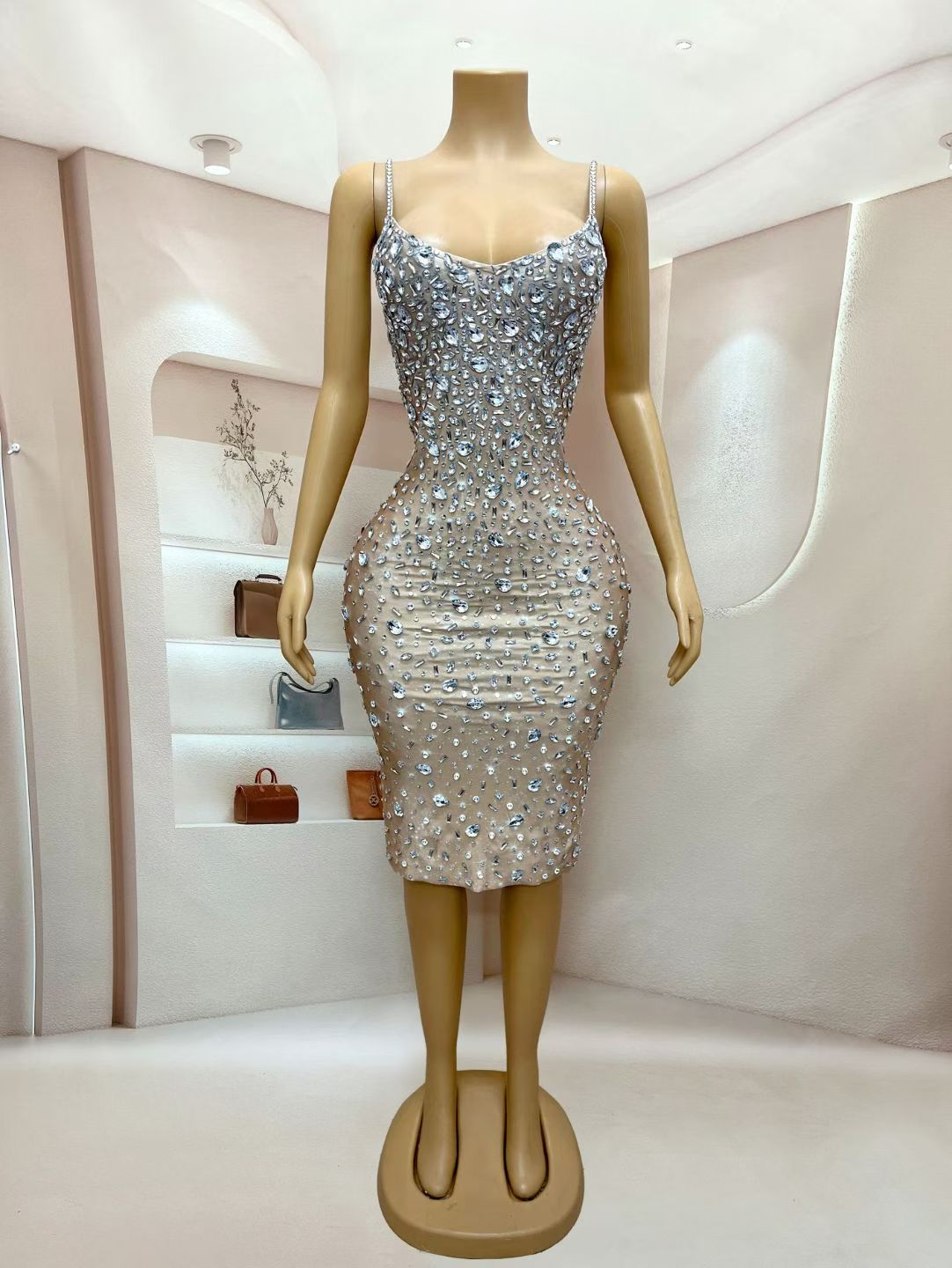 CELESINYI Xingshanshan Crystal Full Stone Midi Dress