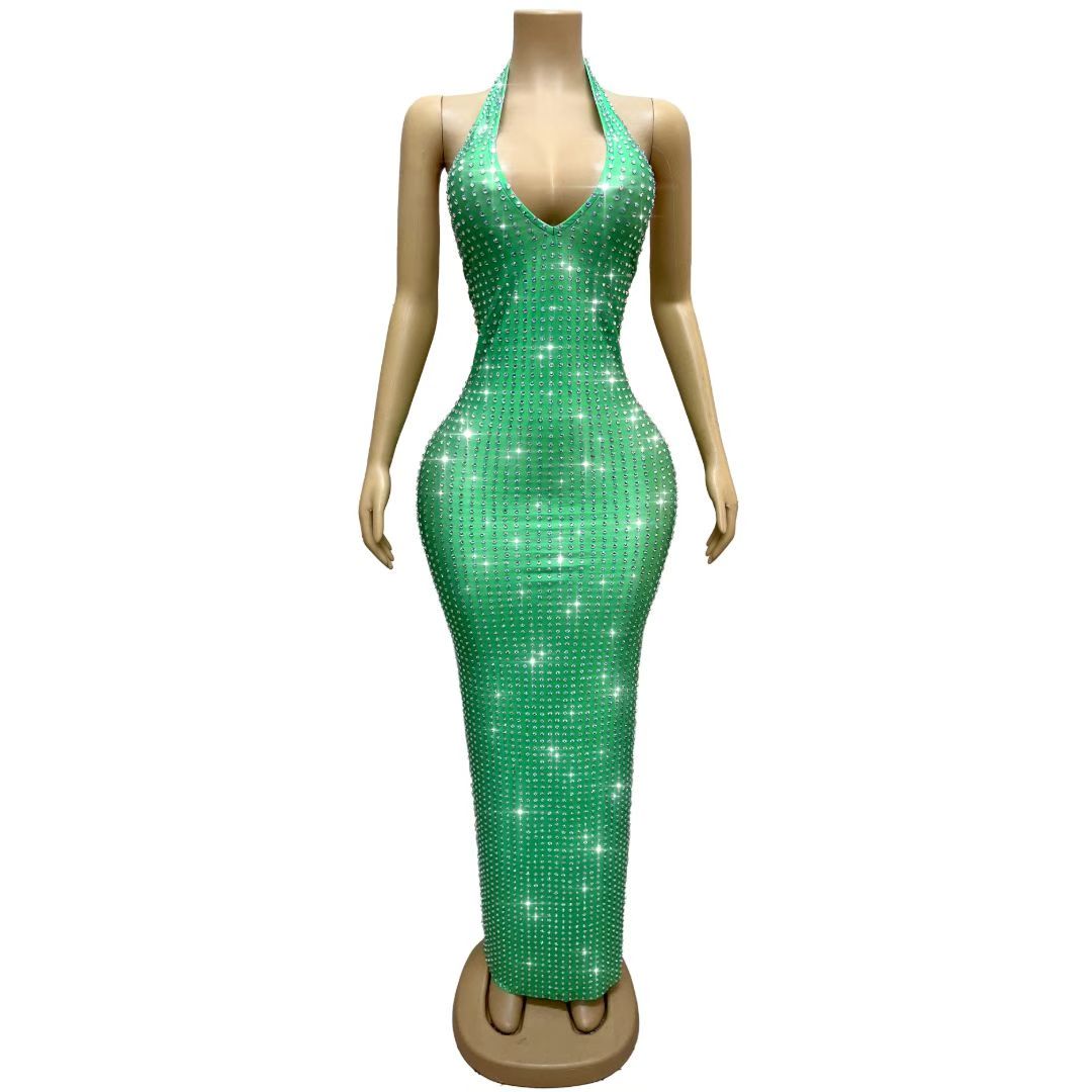 CELESINYI Lvguabo Crystal Green Halter Maxi Dress