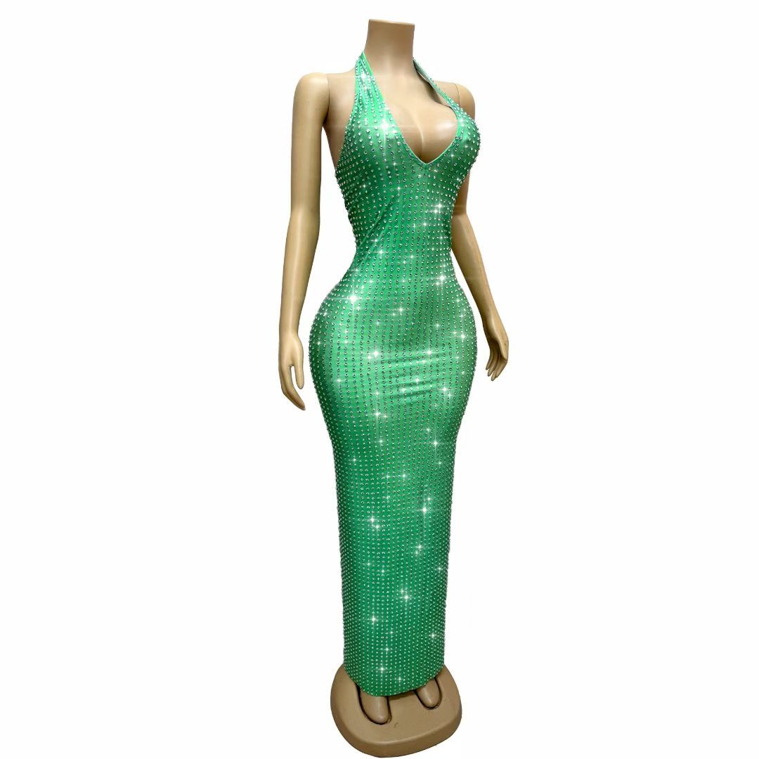 CELESINYI Lvguabo Crystal Green Halter Maxi Dress