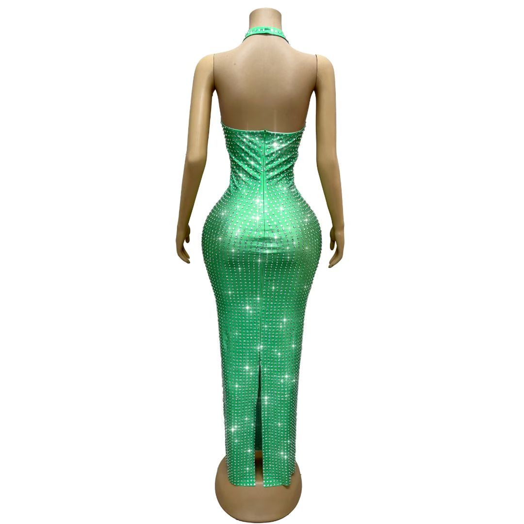 CELESINYI Lvguabo Crystal Green Halter Maxi Dress
