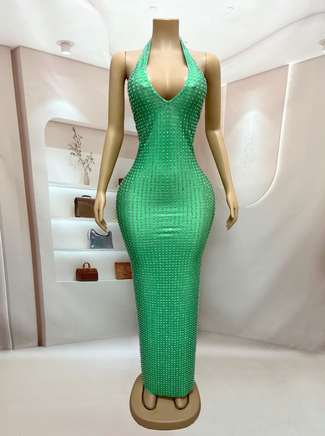 CELESINYI Lvguabo Crystal Green Halter Maxi Dress