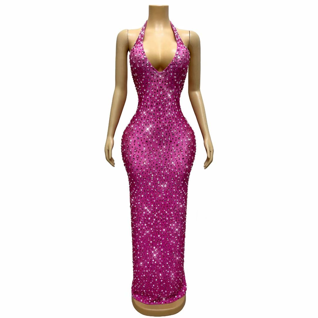 CELESINYI Fenhonghuiyi Crystal Pink Pearl Halter Gown