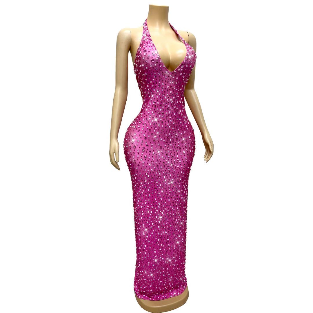 CELESINYI Fenhonghuiyi Crystal Pink Pearl Halter Gown