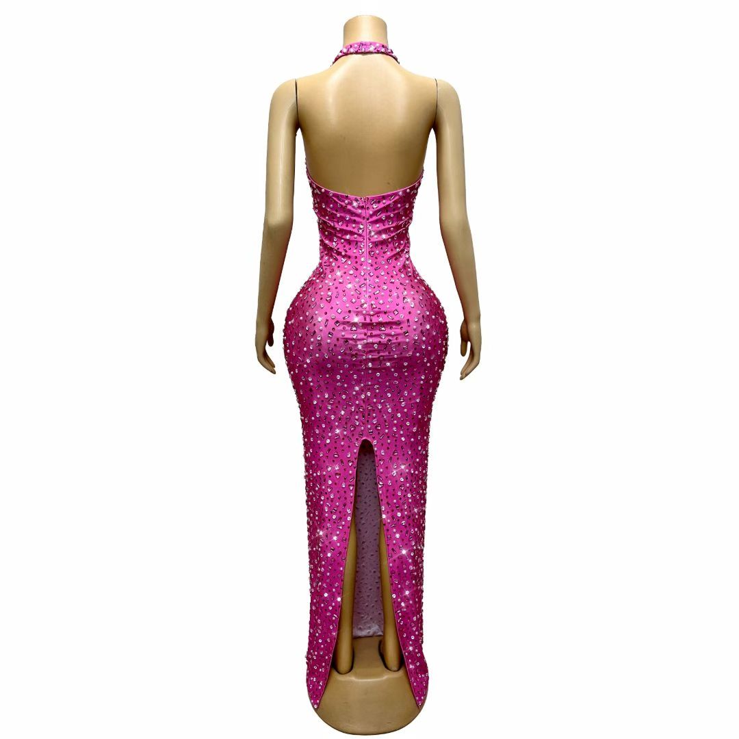 CELESINYI Fenhonghuiyi Crystal Pink Pearl Halter Gown