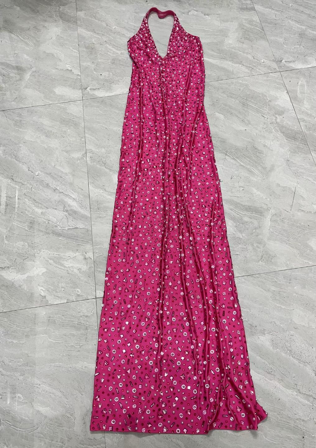 CELESINYI Fenhonghuiyi Crystal Pink Pearl Halter Gown