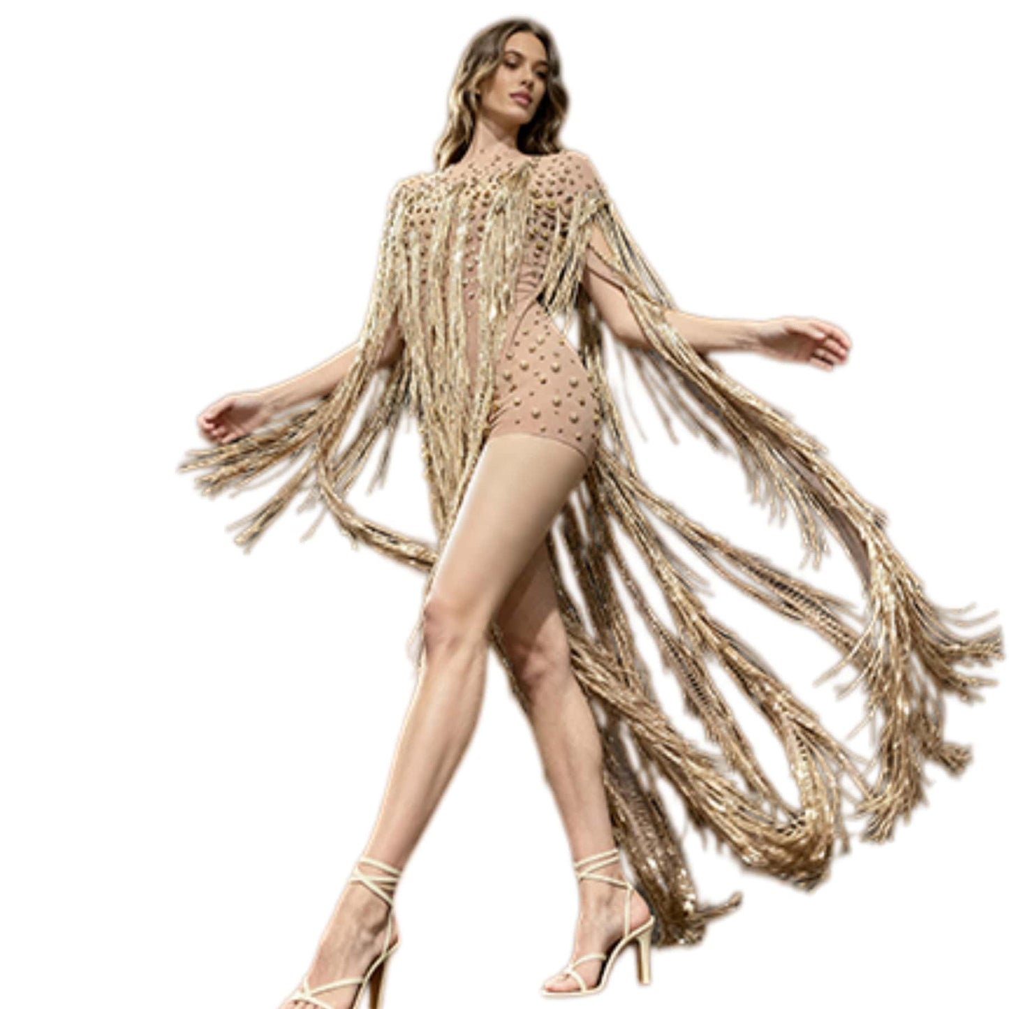 CELESINYI Yusan Crystal Gold Fringe Cape Set