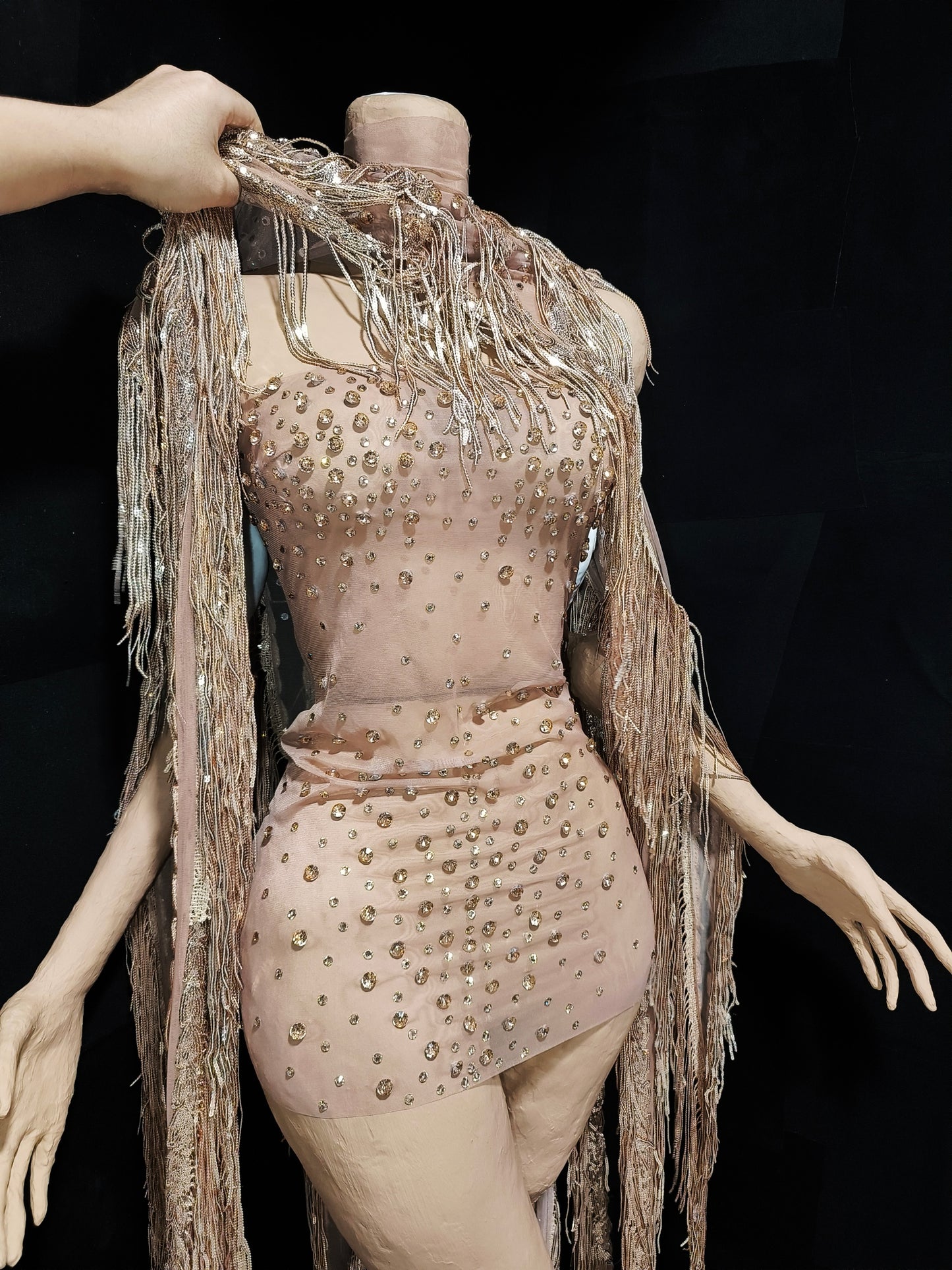 CELESINYI Yusan Crystal Gold Fringe Cape Set