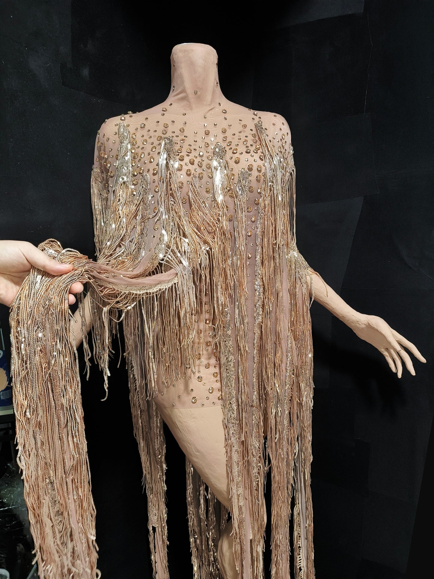 CELESINYI Yusan Crystal Gold Fringe Cape Set