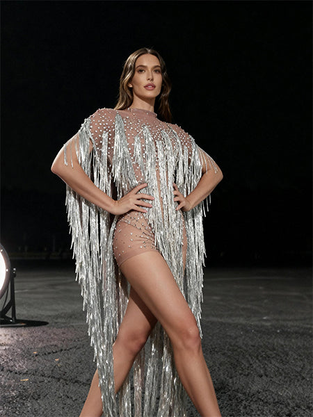 CELESINYI Yusan Crystal Gold Fringe Cape Set
