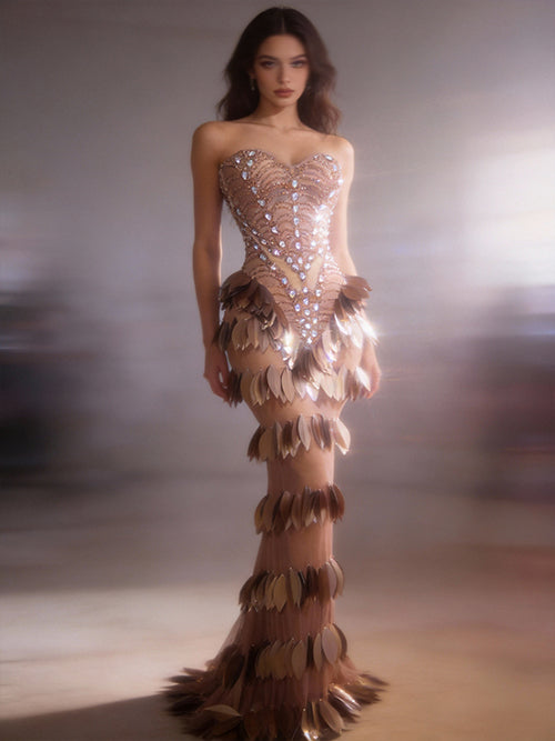 CELESINYI Chaye Crystal Copper Leaf Mermaid Gown