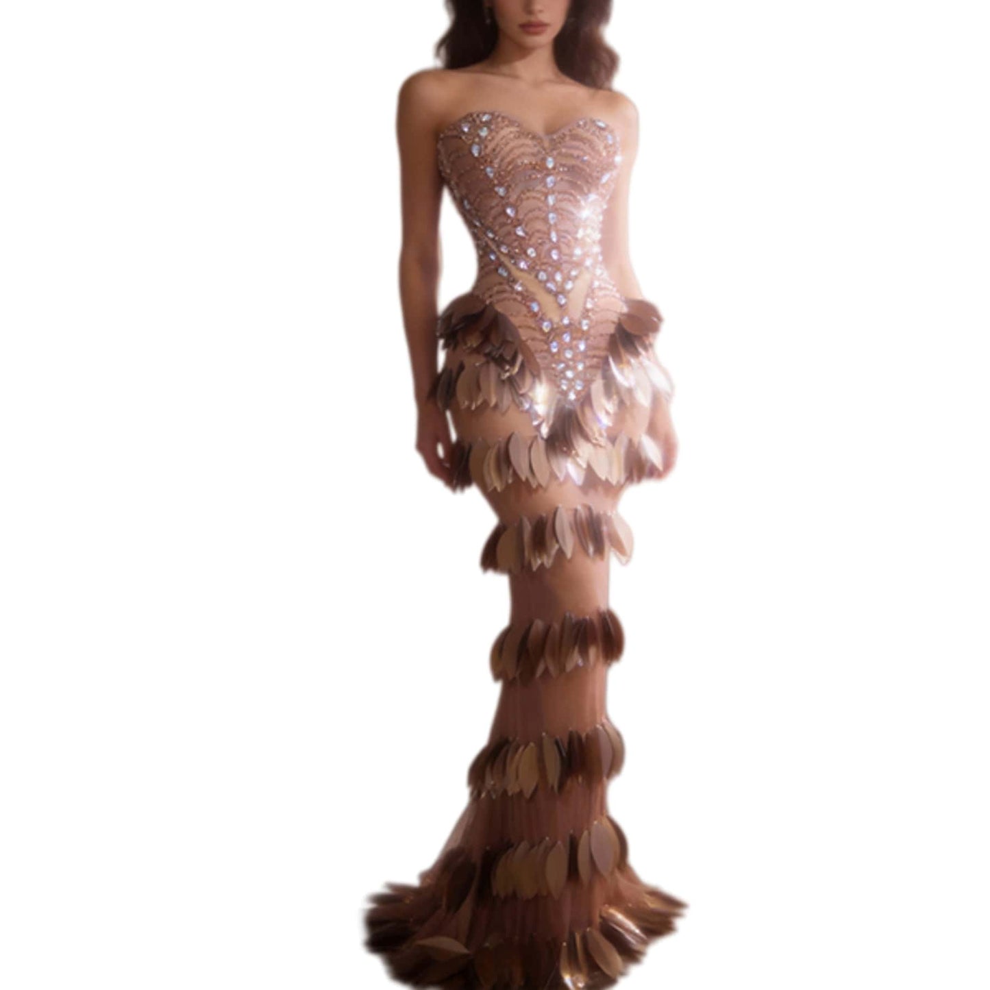 CELESINYI Chaye Crystal Copper Leaf Mermaid Gown