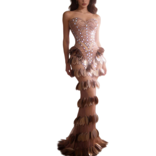 CELESINYI Chaye Crystal Copper Leaf Mermaid Gown