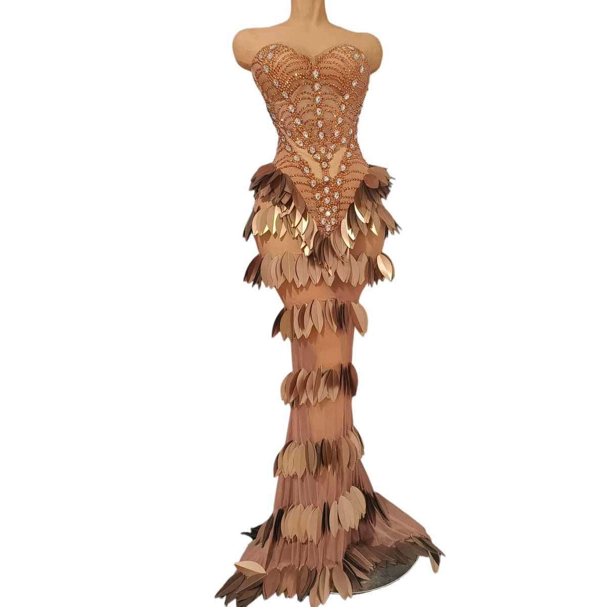 CELESINYI Chaye Crystal Copper Leaf Mermaid Gown