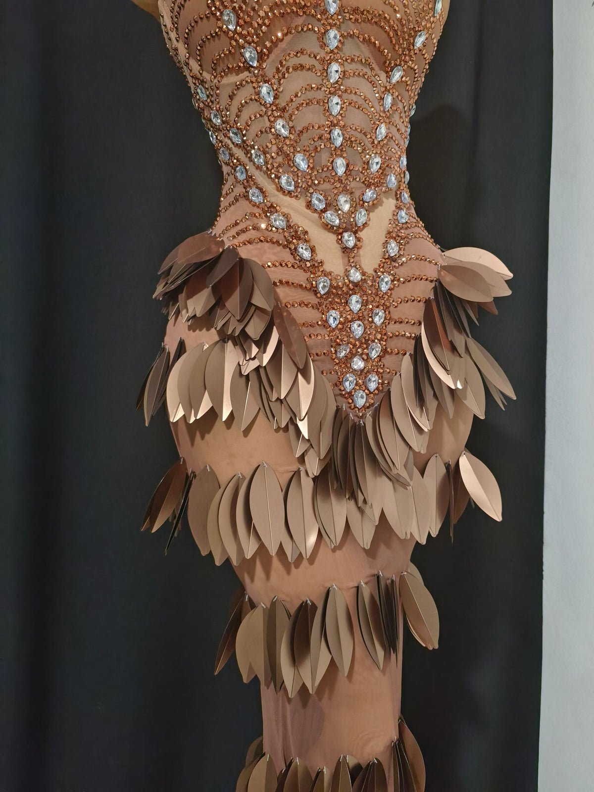CELESINYI Chaye Crystal Copper Leaf Mermaid Gown