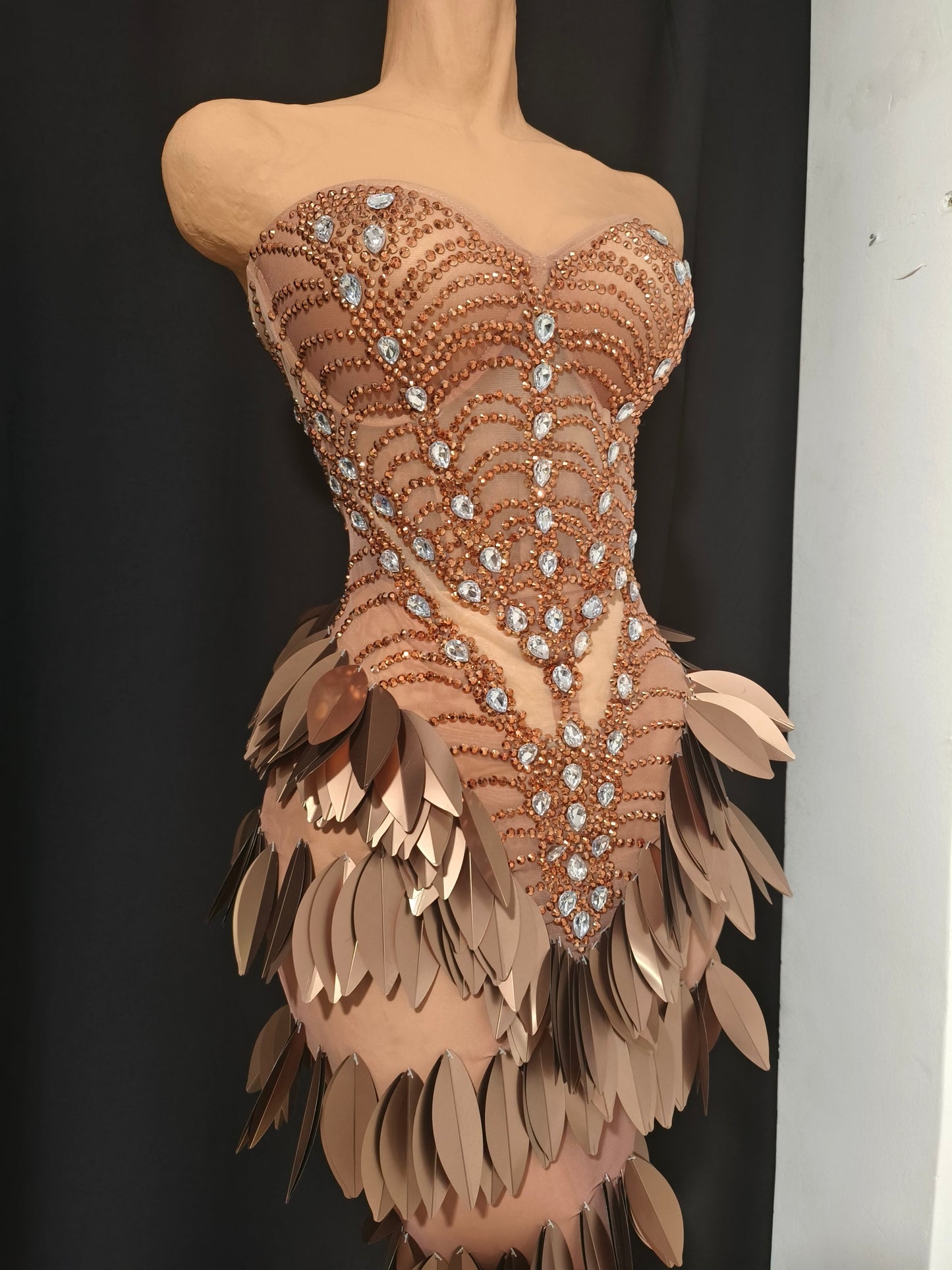 CELESINYI Chaye Crystal Copper Leaf Mermaid Gown