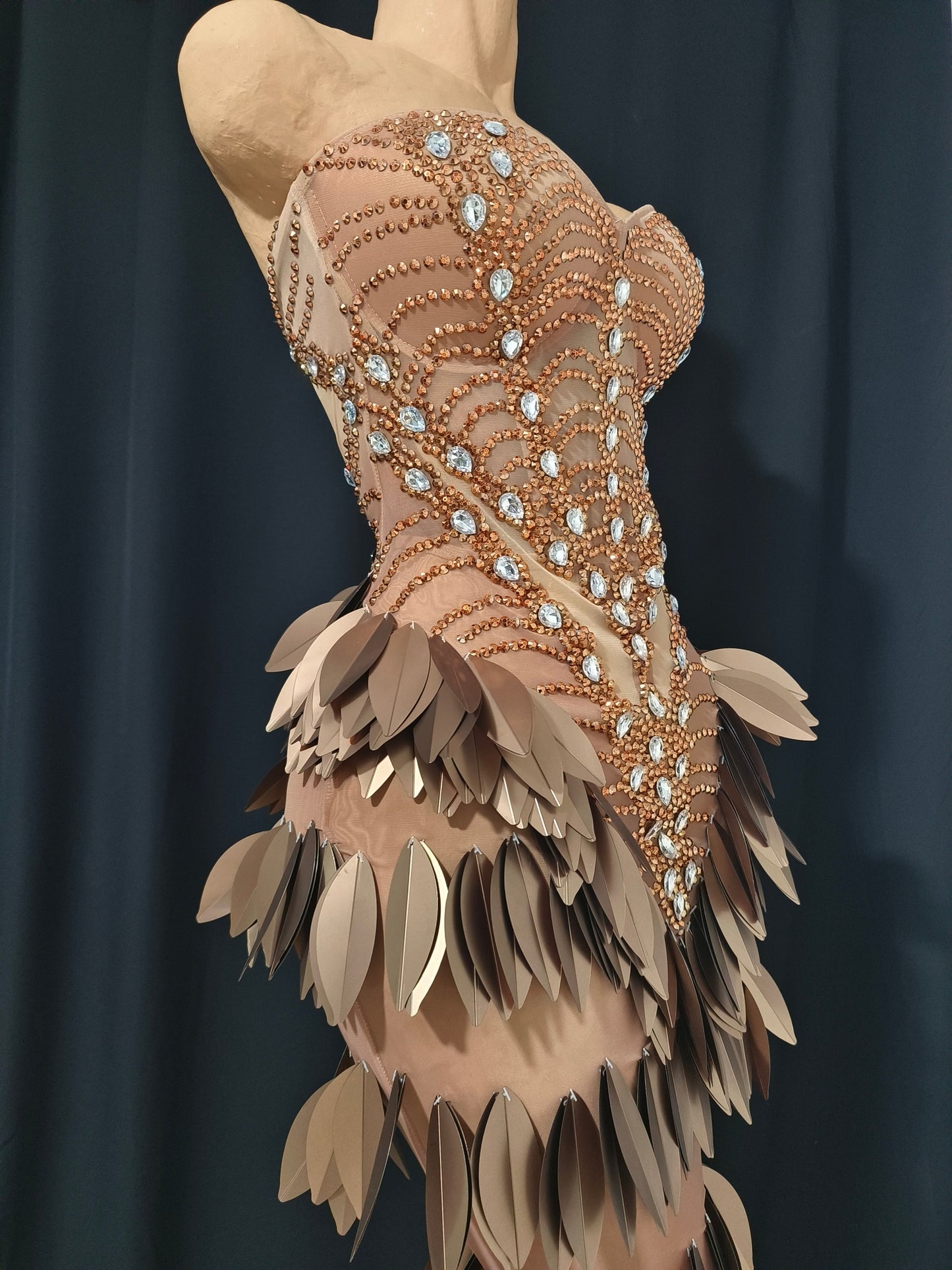 CELESINYI Chaye Crystal Copper Leaf Mermaid Gown