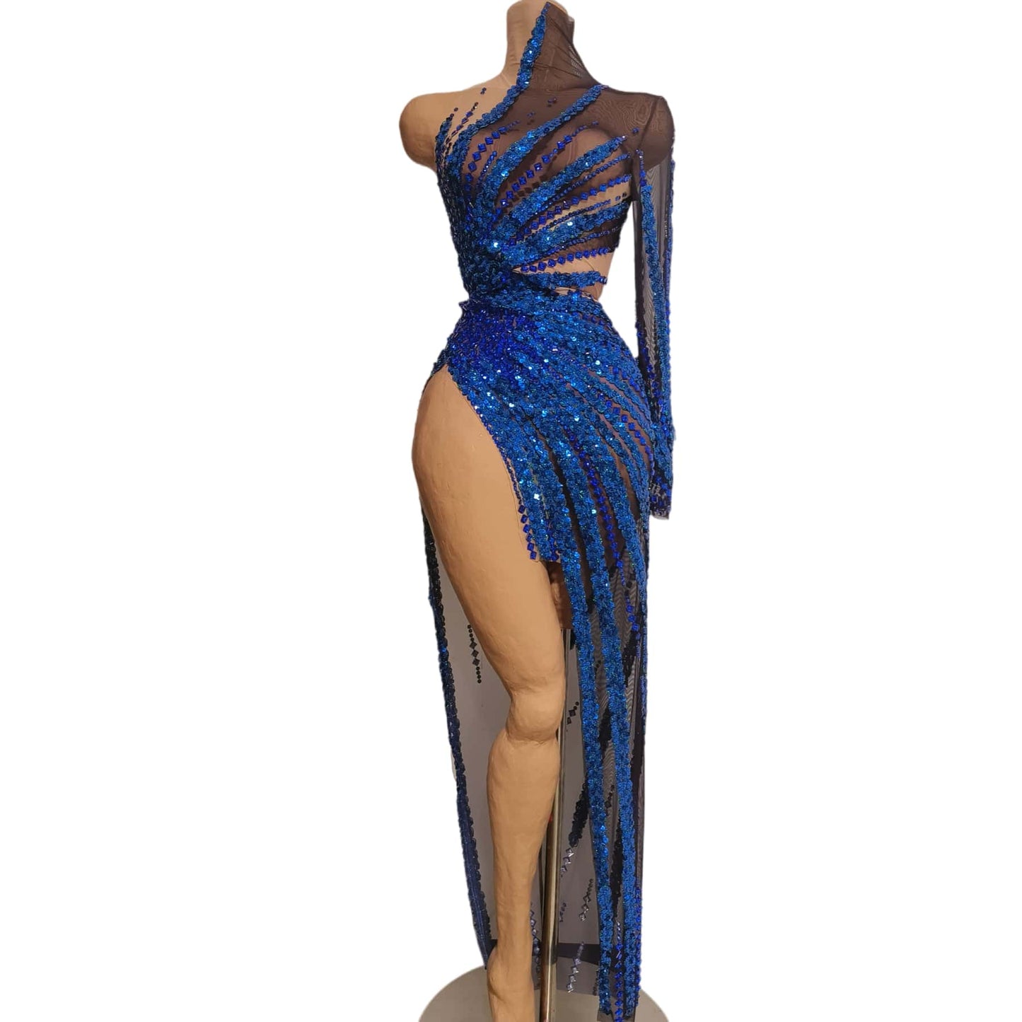 CELESINYI Penmo Crystal Royal Blue One Shoulder Gown