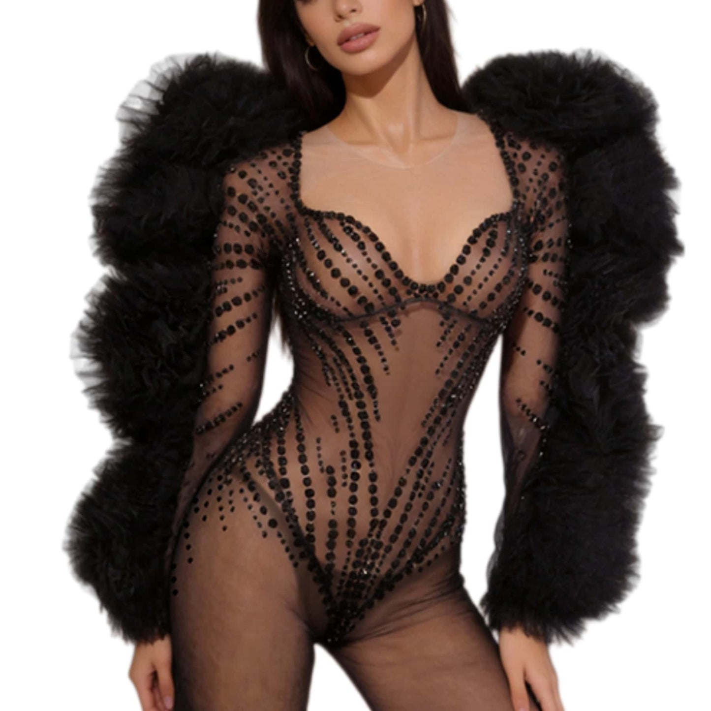 CELESINYI Heishan Rhinestone Black Wing Bodysuit