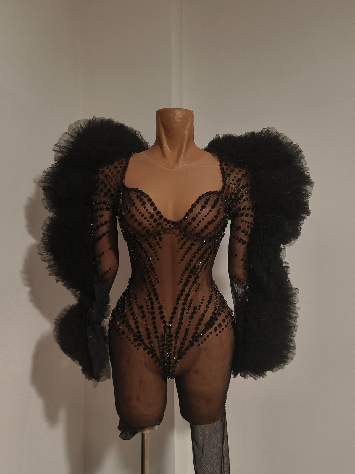 CELESINYI Heishan Rhinestone Black Wing Bodysuit