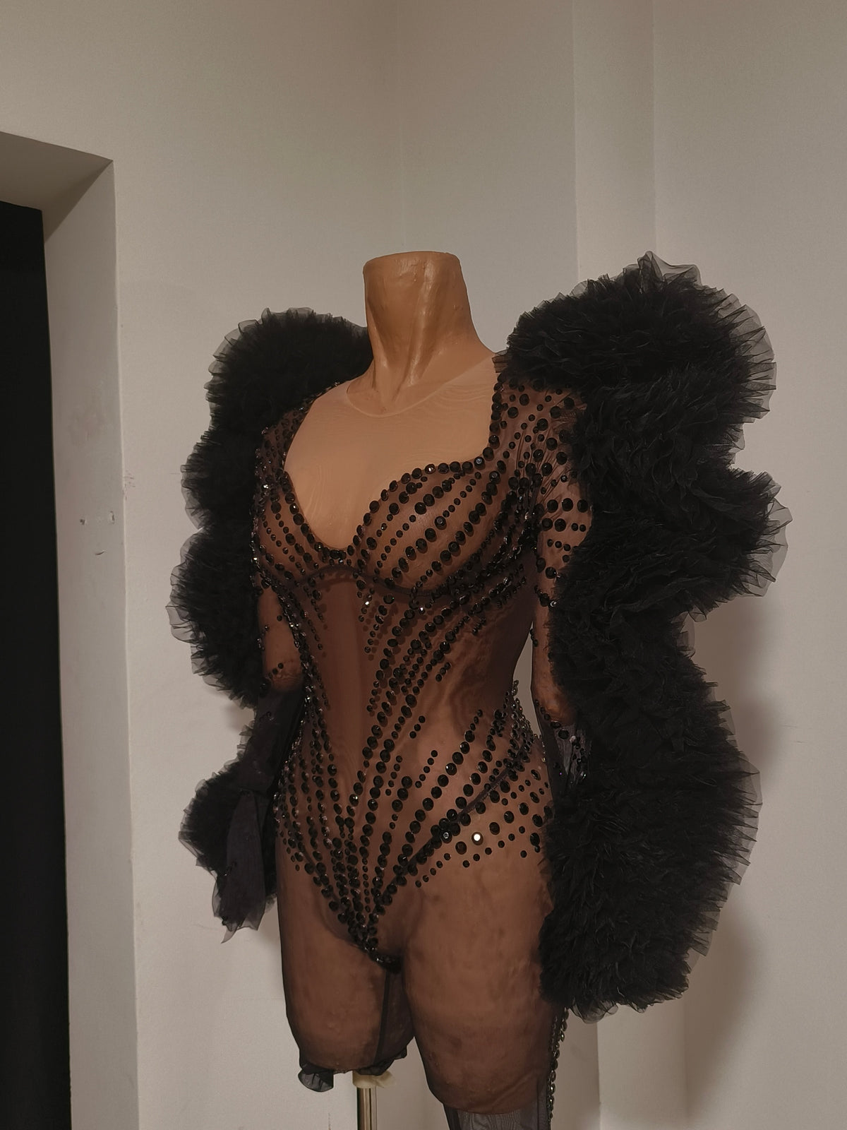 CELESINYI Heishan Rhinestone Black Wing Bodysuit