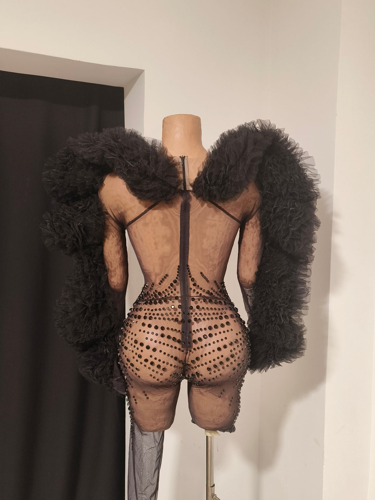 CELESINYI Heishan Rhinestone Black Wing Bodysuit