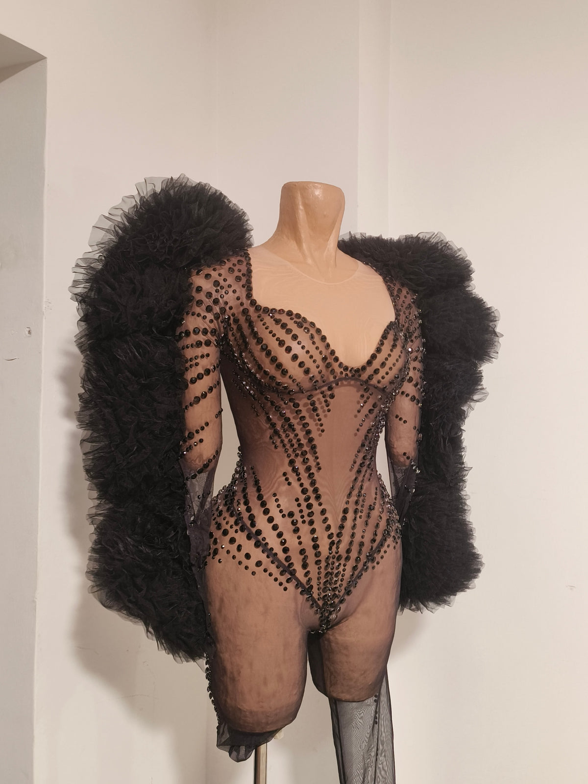 CELESINYI Heishan Rhinestone Black Wing Bodysuit