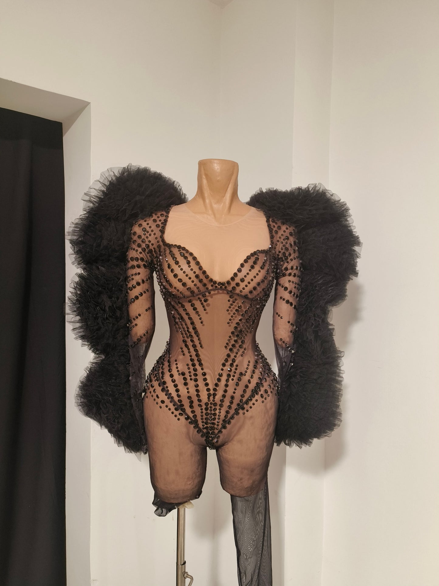 CELESINYI Heishan Rhinestone Black Wing Bodysuit