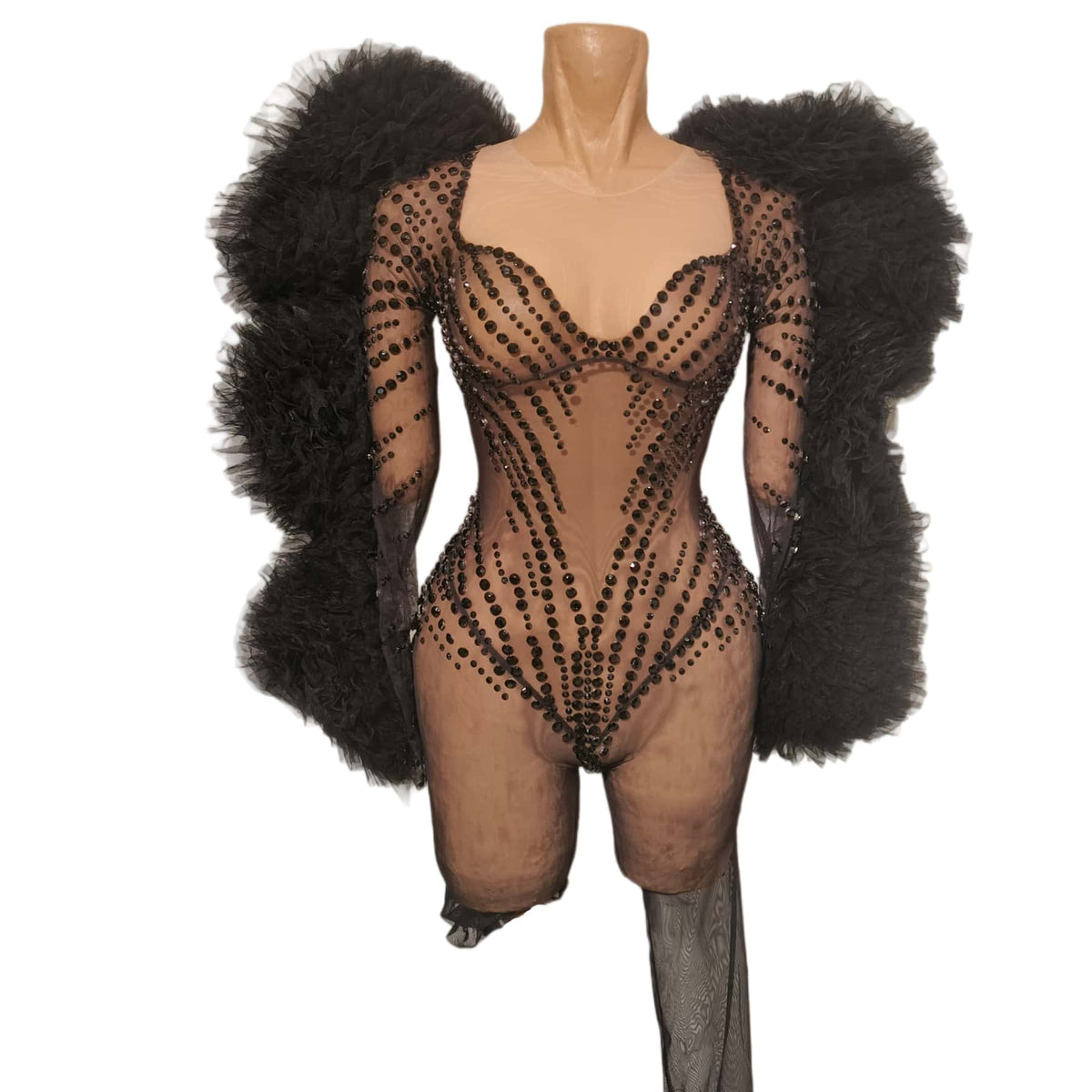 CELESINYI Heishan Rhinestone Black Wing Bodysuit