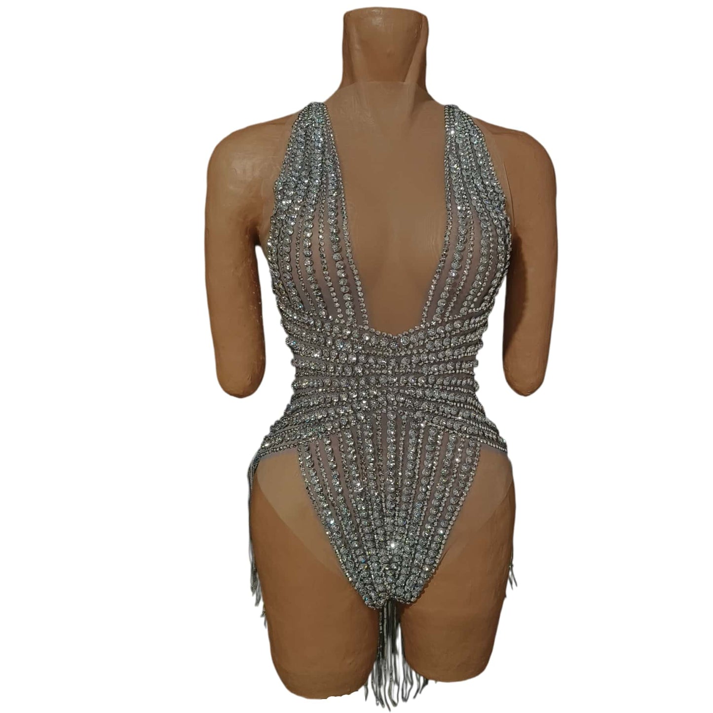 CELESINYI Doutun Crystal Halter Fringe Bodysuit