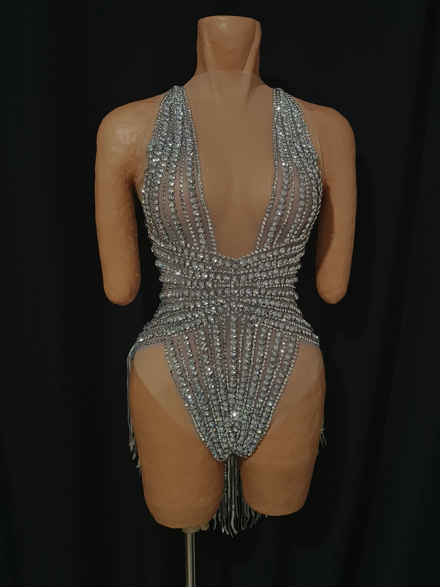 CELESINYI Doutun Crystal Halter Fringe Bodysuit