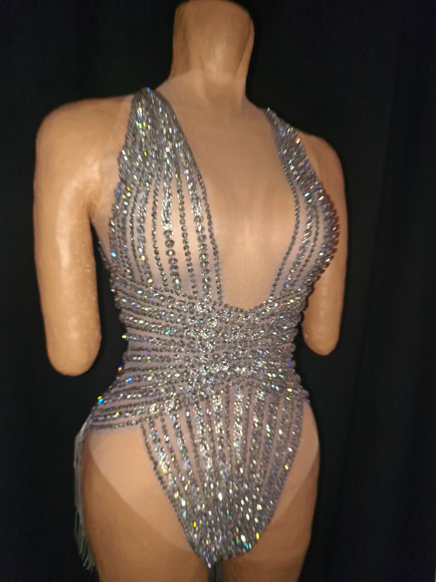CELESINYI Doutun Crystal Halter Fringe Bodysuit