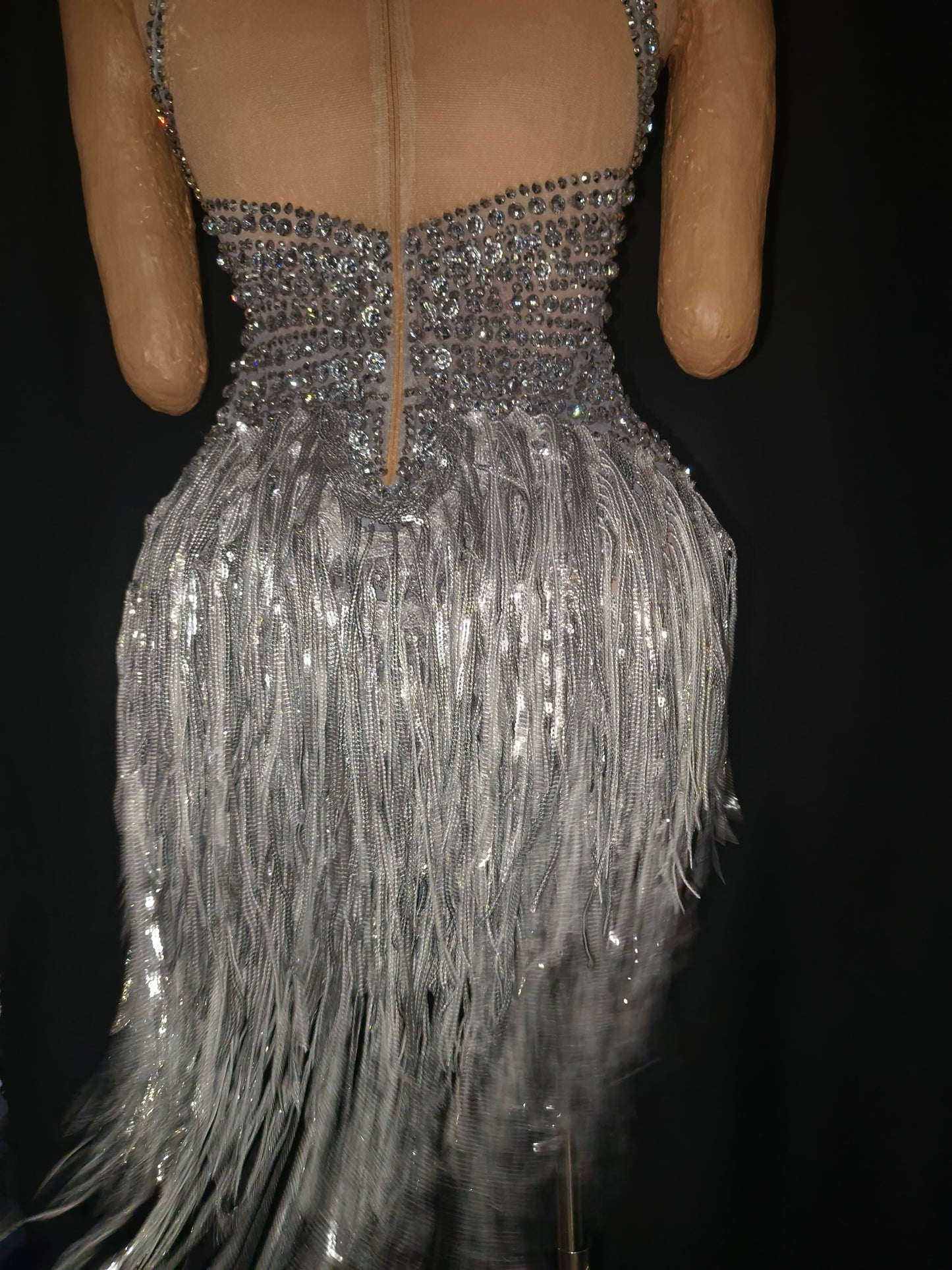 CELESINYI Doutun Crystal Halter Fringe Bodysuit