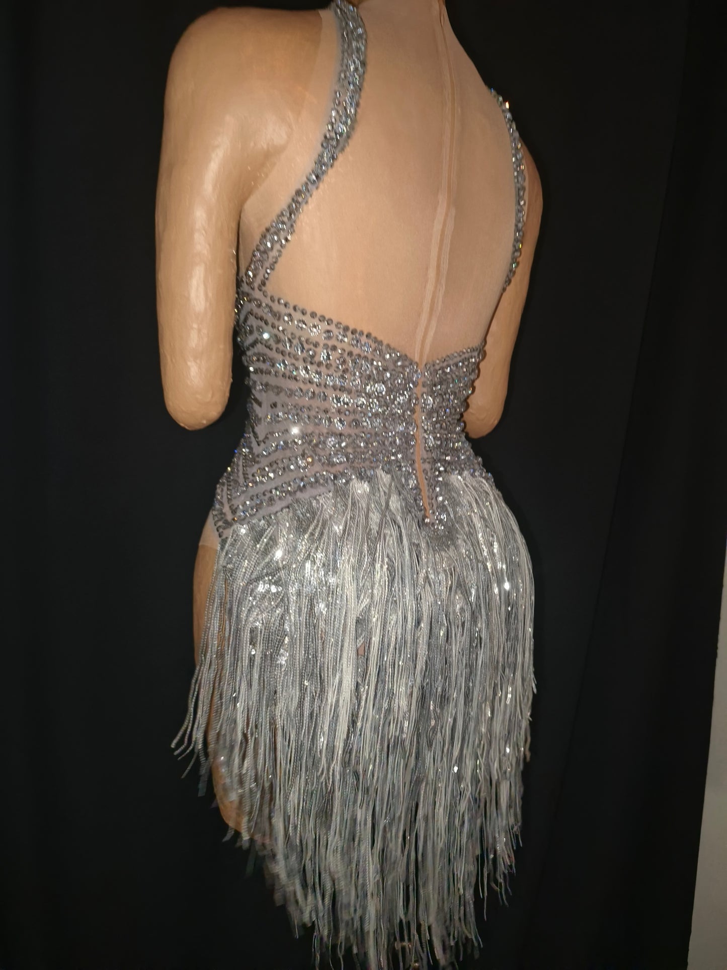 CELESINYI Doutun Crystal Halter Fringe Bodysuit