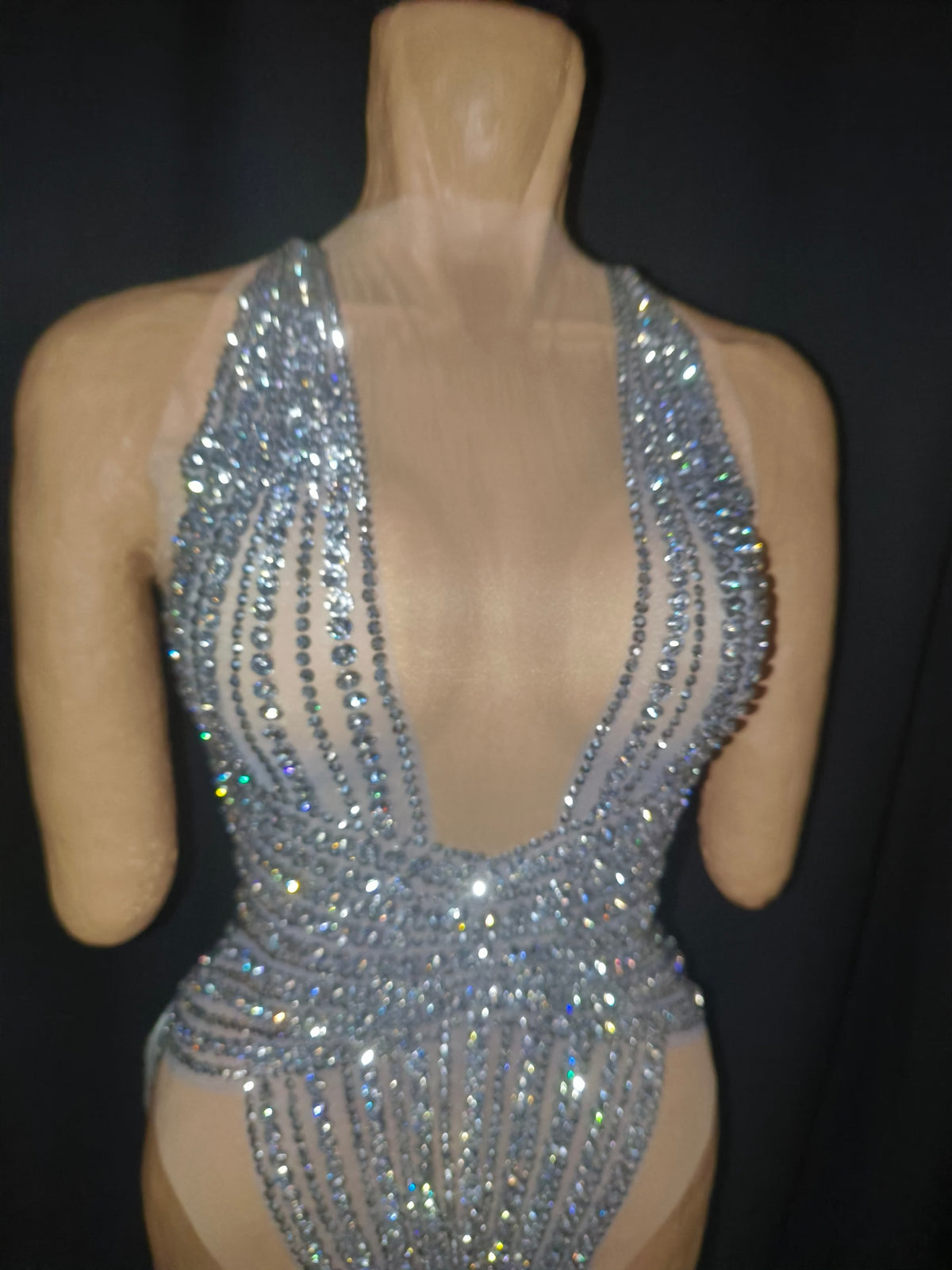 CELESINYI Doutun Crystal Halter Fringe Bodysuit