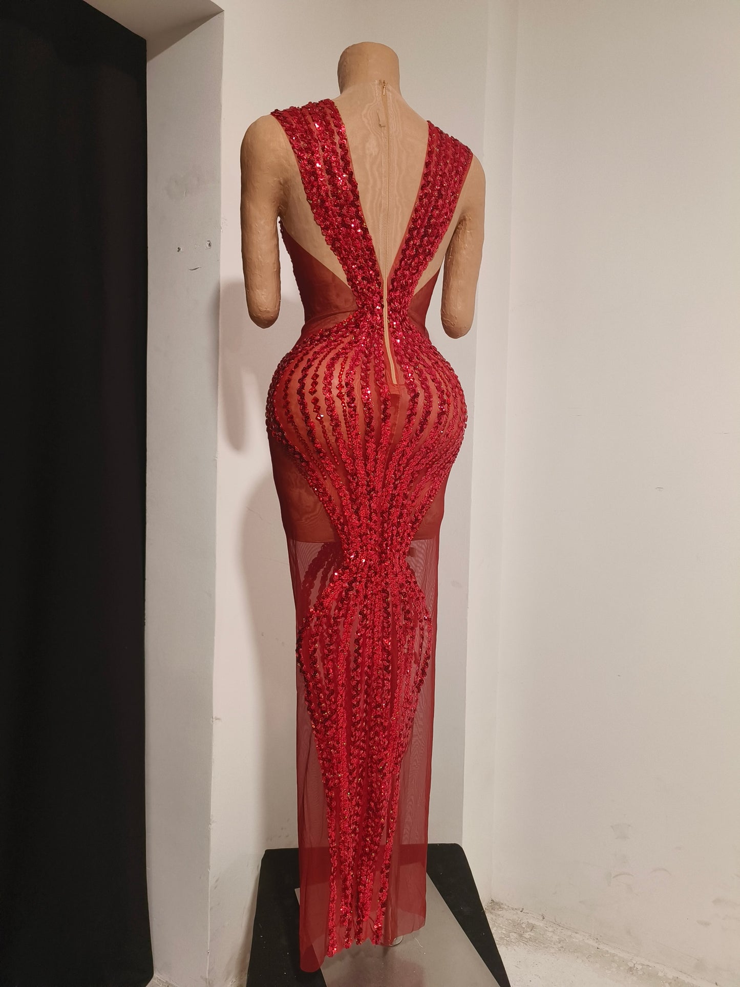 CELESINYI Meili Crystal Red Deep V Gown