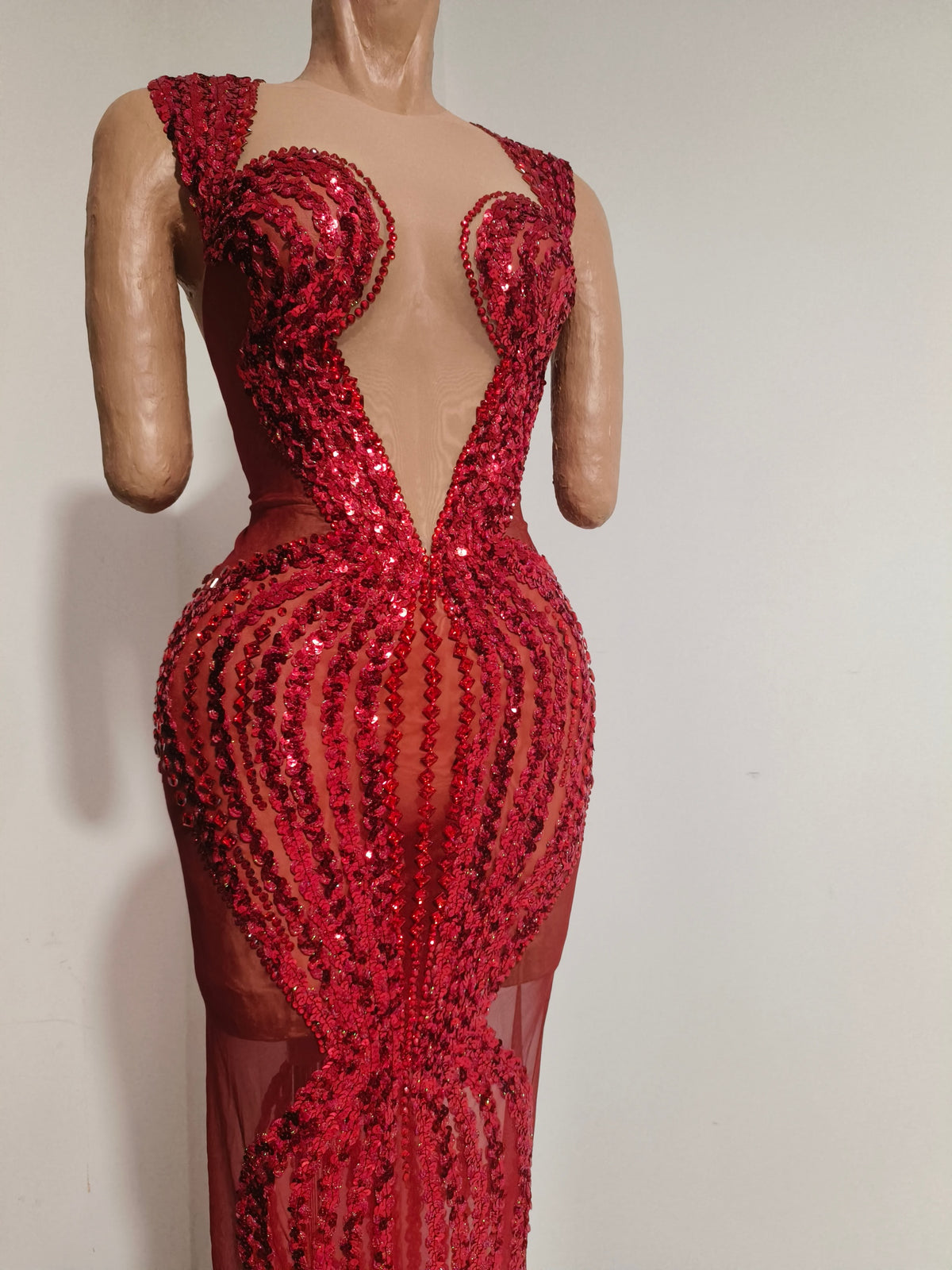 CELESINYI Meili Crystal Red Deep V Gown