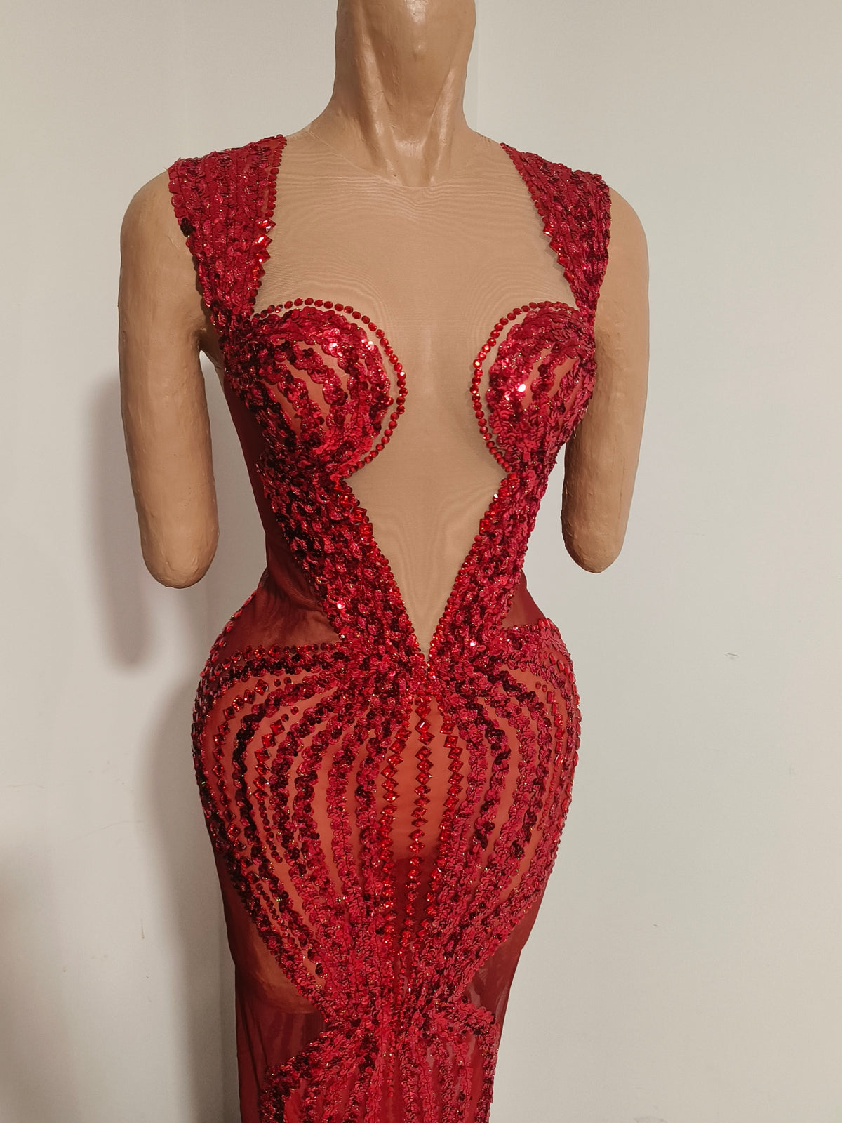CELESINYI Meili Crystal Red Deep V Gown