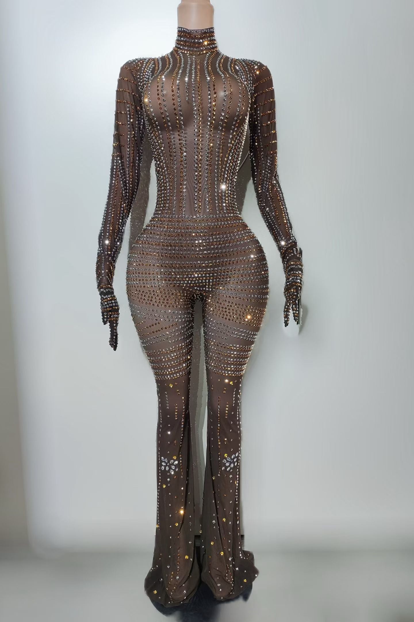 CELESINYI Tiechui Crystal Bell-Bottom Glove Jumpsuit