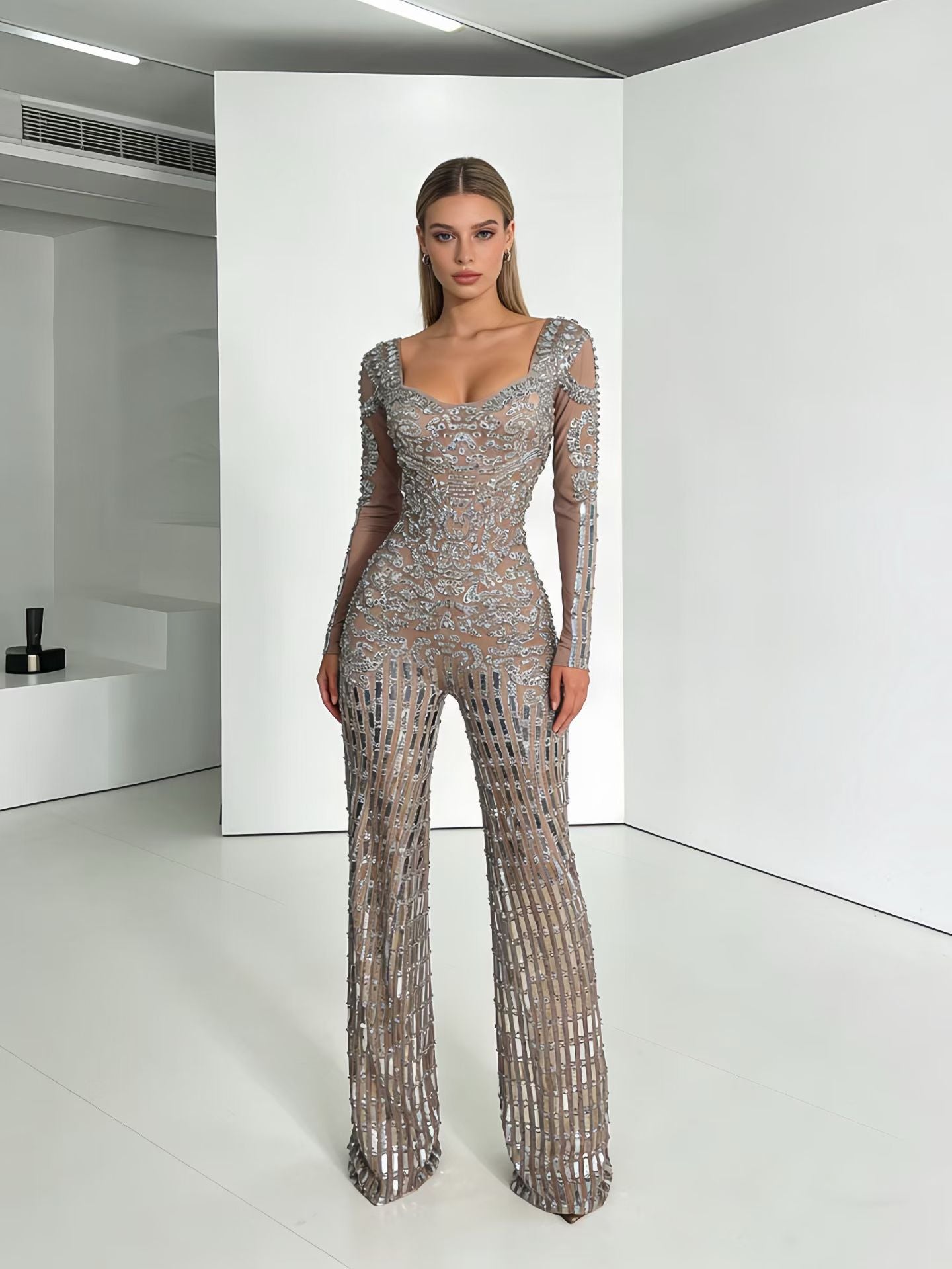 CELESINYI Yinkuzi Crystal Silver Flare Jumpsuit