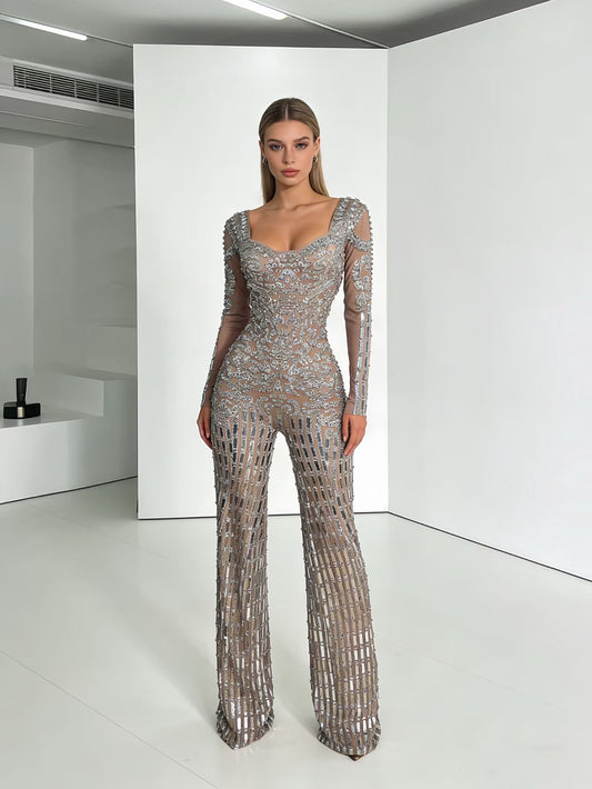 CELESINYI Yinkuzi Crystal Silver Flare Jumpsuit