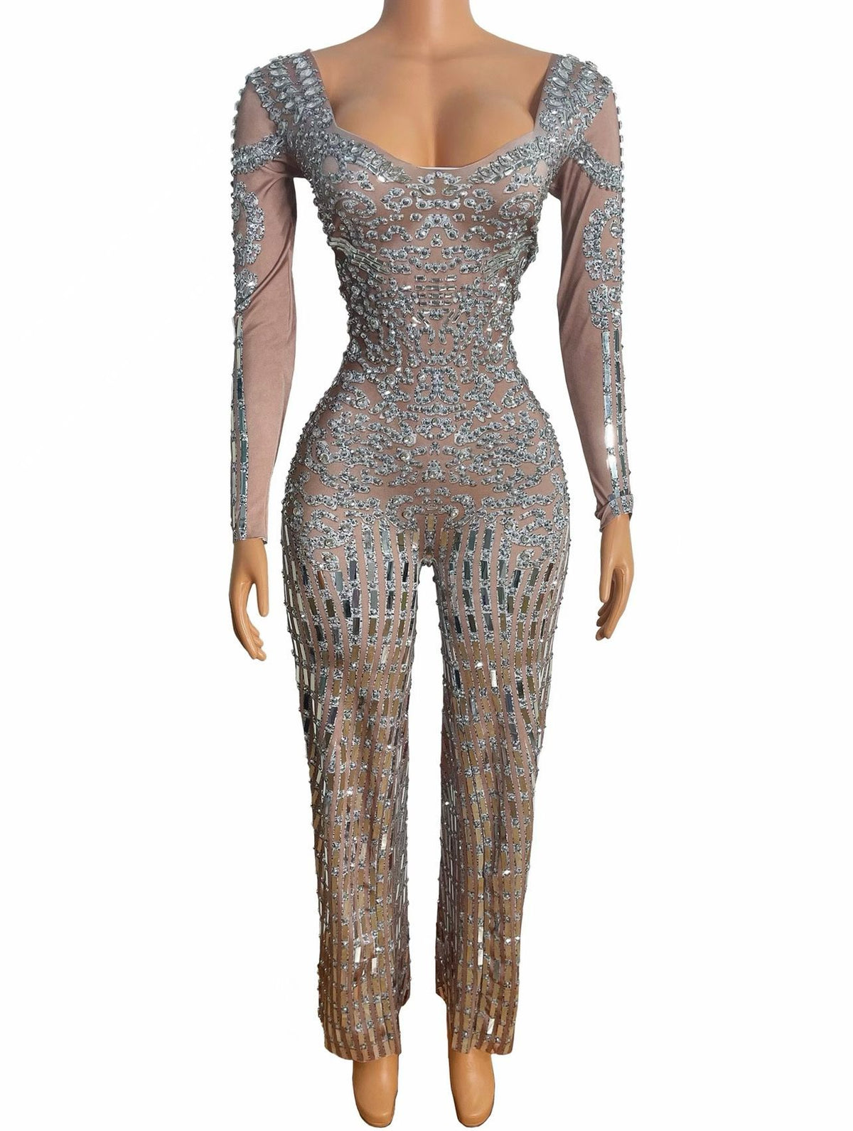 CELESINYI Yinkuzi Crystal Silver Flare Jumpsuit