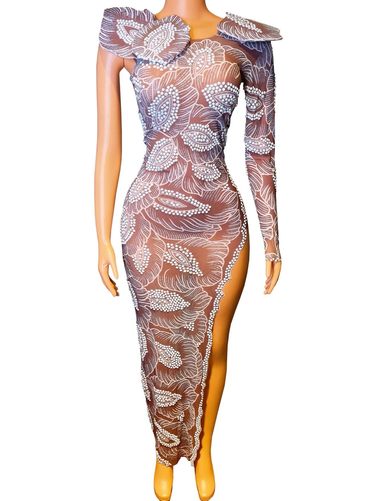 CELESINYI Bihuanhua Crystal Leaf Bead One-Shoulder Gown