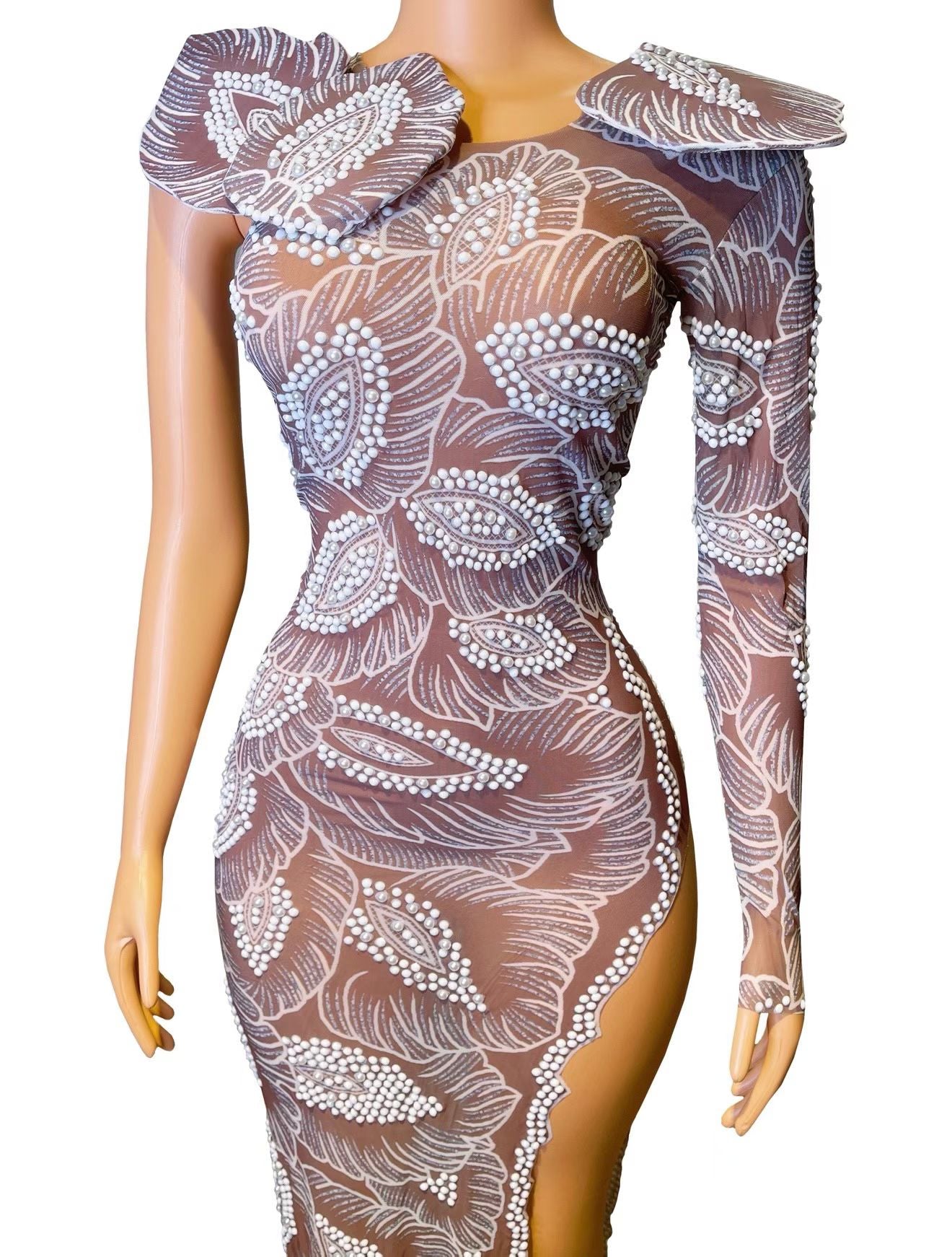 CELESINYI Bihuanhua Crystal Leaf Bead One-Shoulder Gown